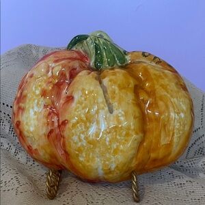 Glazed Ceramic Pumpkin Accent - Orange, Yellow, Green hang or display